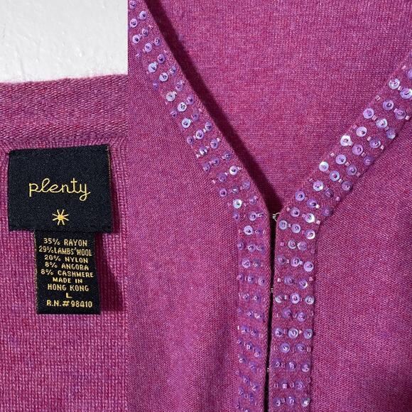 Vintage Y2K Plenty Wool Blend Magenta Deep V Cardigan / Sz L / Fitted Sequined - Picture 8 of 10